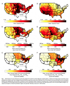 Figure 1, from the report, showing regional variations in solar and wind capacity and the associated benefits and displaced emissions. Darker areas represent higher capacity or benefits; note the bottom images (C & F) that depict the greatest benefits to be achieved from wind and solar installations, respectively.